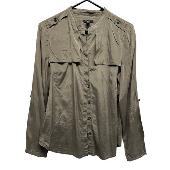 Ann Taylor Mocha Silk Long Sleeve Blouse Roll up Sleeves Size 10 - Picture 1 of 8